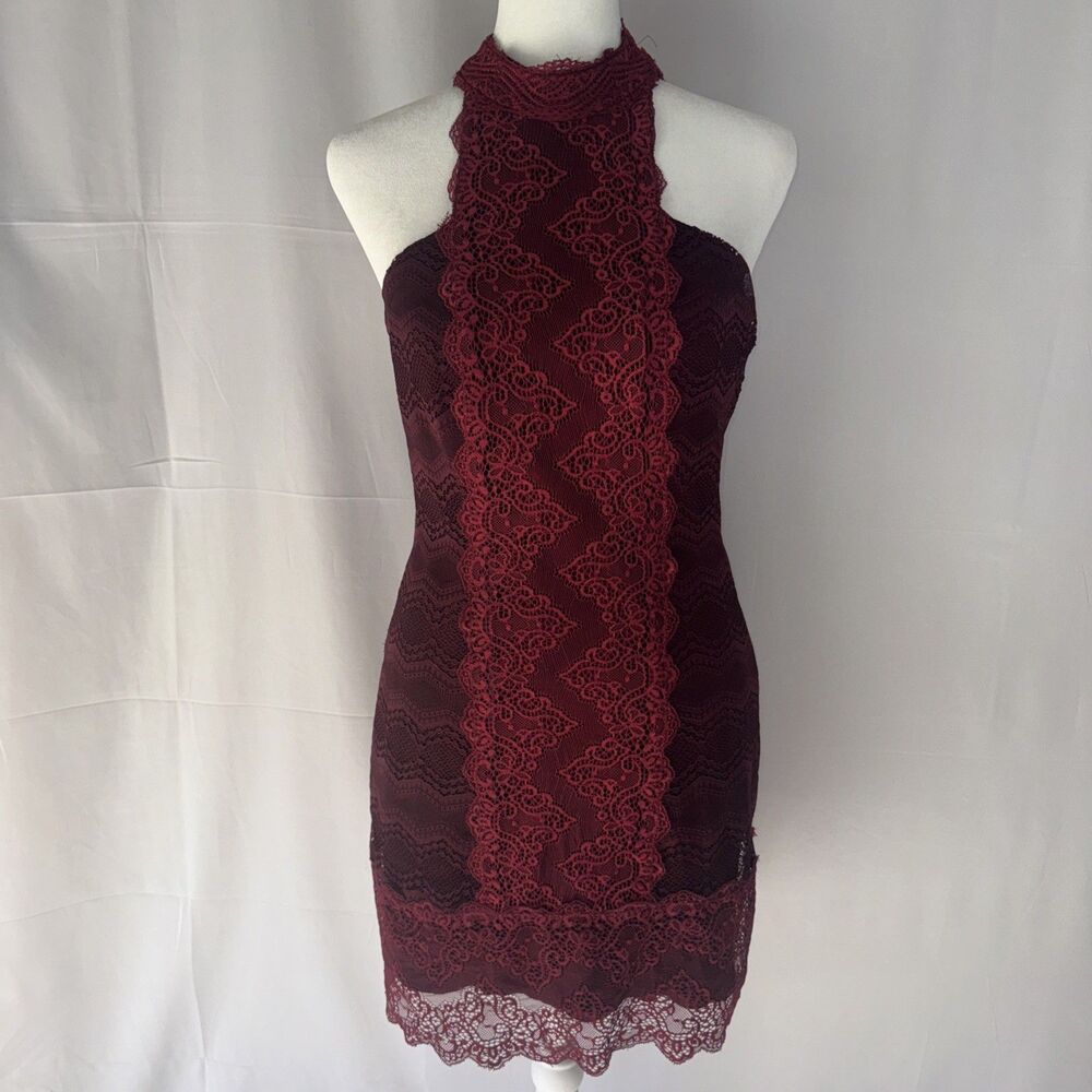 Free People Dress Women’s Sz S Wine Red Natasha Lace Halter Bodycon Mini  Formal